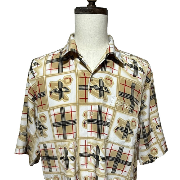 Southpole Shirt Mens Large Tan Red Loop Collar Hip Hop Y2K Button Up Streetwear - Picture 1 of 8